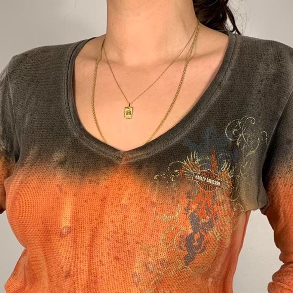 HARLEY DAVIDSON VINTAGE y2k RHINESTONE NY LONG SLEEVE ORANGE DYED SHIRT - Picture 4 of 4